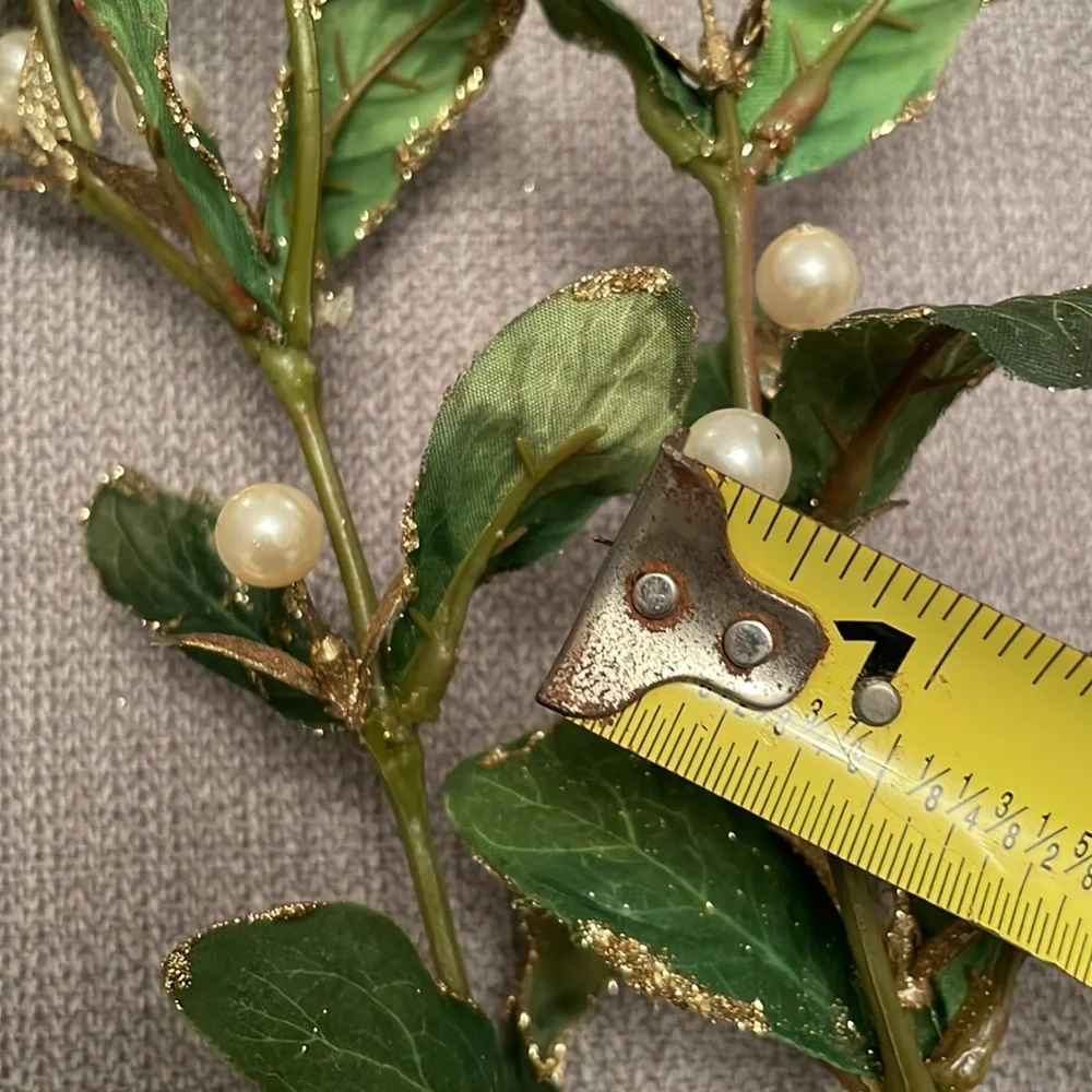 Set of 6 Floral Stems with Artificial Faux Pearls & Gold Glitter Accent Leaves